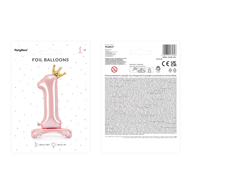 Liels balons cipars 1, rozā, brīvi stāvošs - nav nepieciešams hēlijs