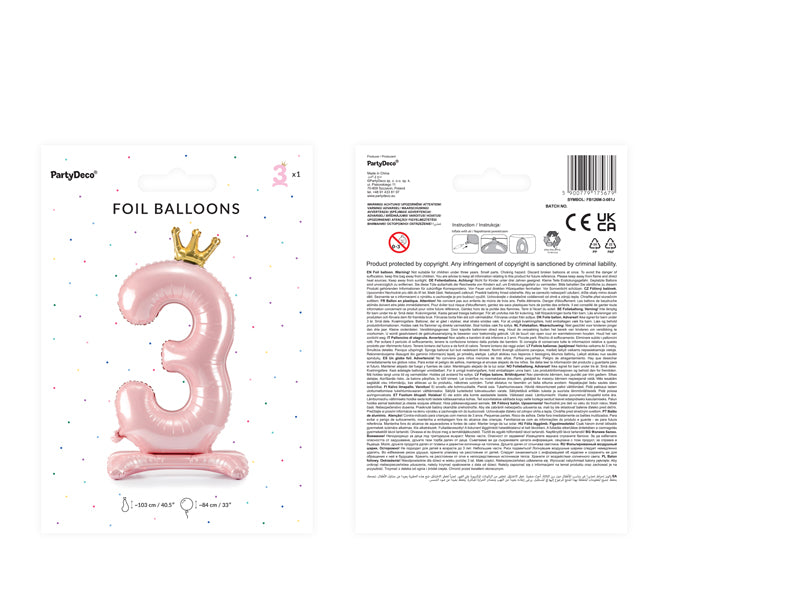 Liels balons cipars 3, rozā, brīvi stāvošs - nav nepieciešams hēlijs