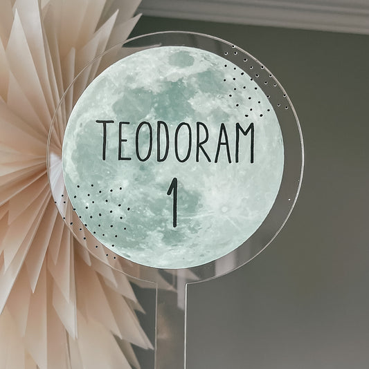 Mēness - personalizēts bērna dzimšanas dienas kūkas dekors - toperis