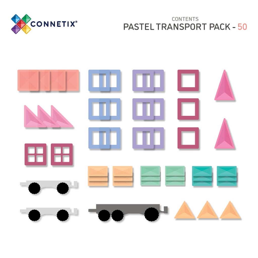 Magnētiskie klucīši flīzes, konstruktors - Pastel Transport Pack, 50 gab, Connetix Magnetic Tiles