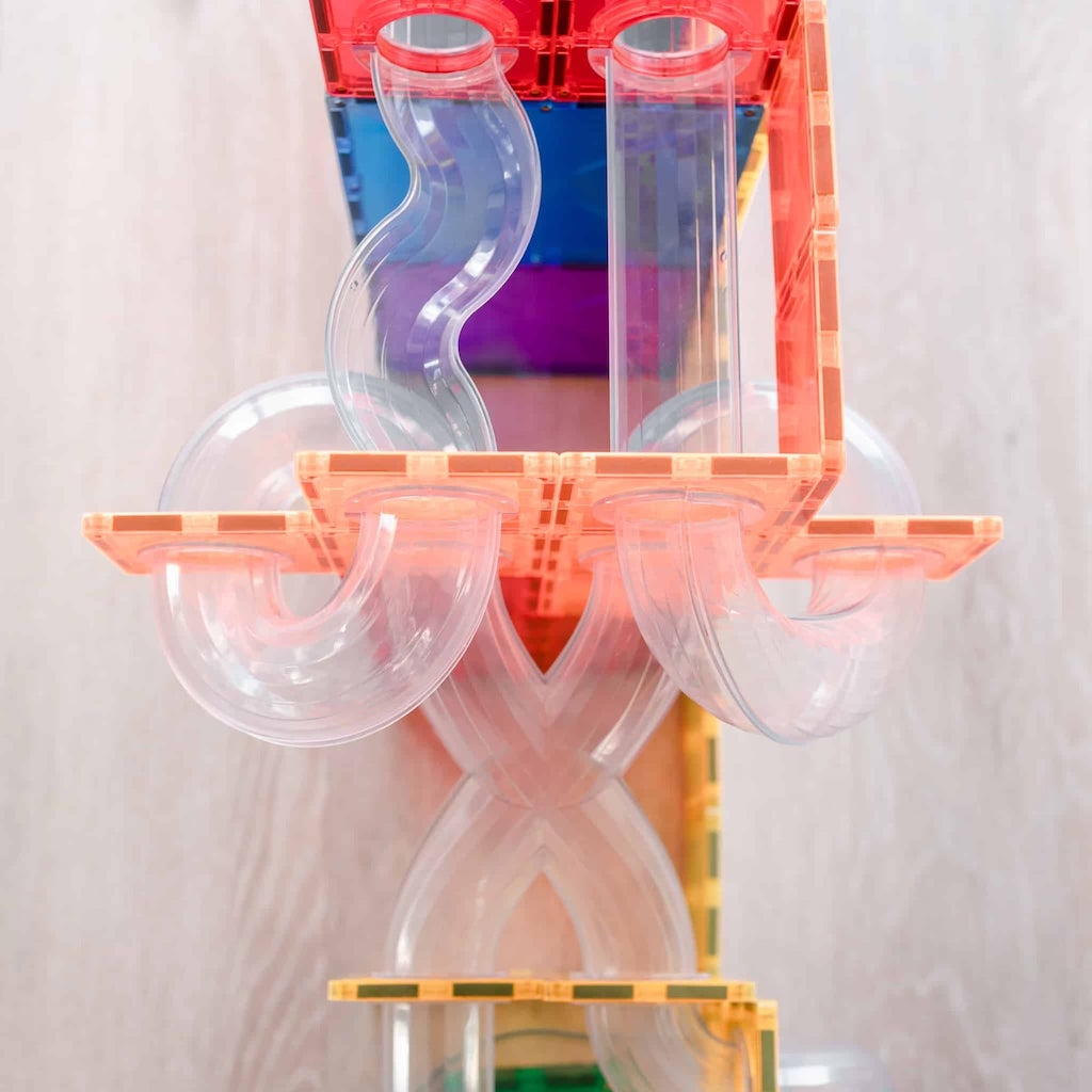 Magnētiskie klucīši flīzes, konstruktors - Rainbow Ball Run, 66 gab, Connetix Magnetic Tiles