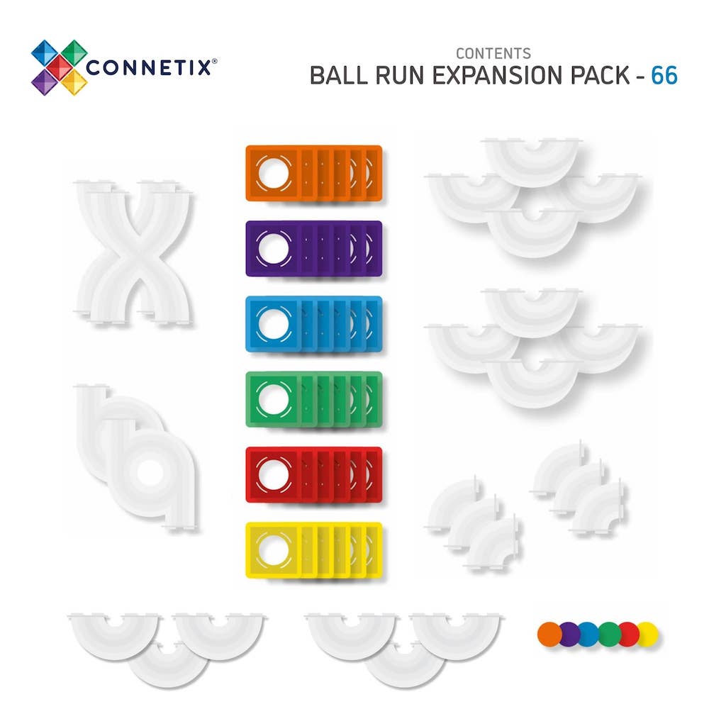 Magnētiskie klucīši flīzes, konstruktors - Rainbow Ball Run, 66 gab, Connetix Magnetic Tiles