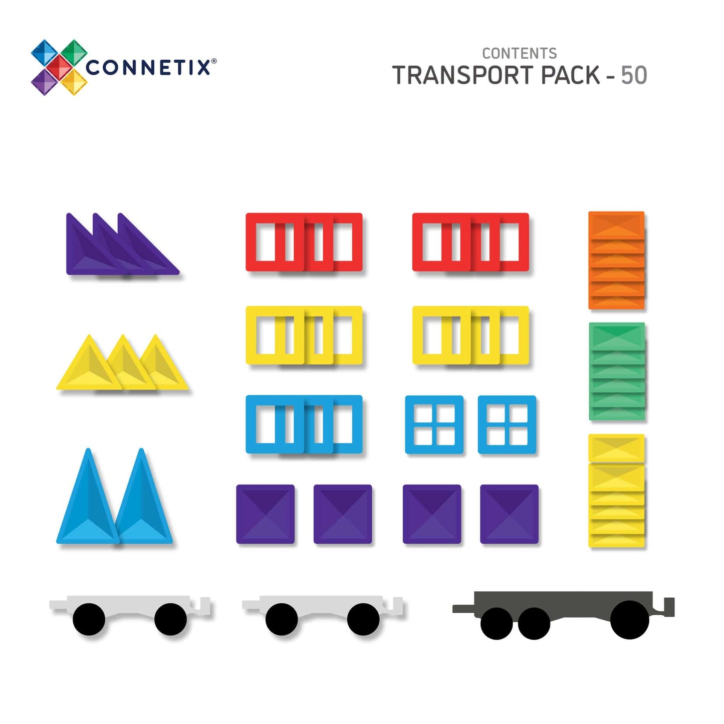 Magnētiskie klucīši flīzes, konstruktors - Rainbow Transport Pack, 50 gab, Connetix Magnetic Tiles