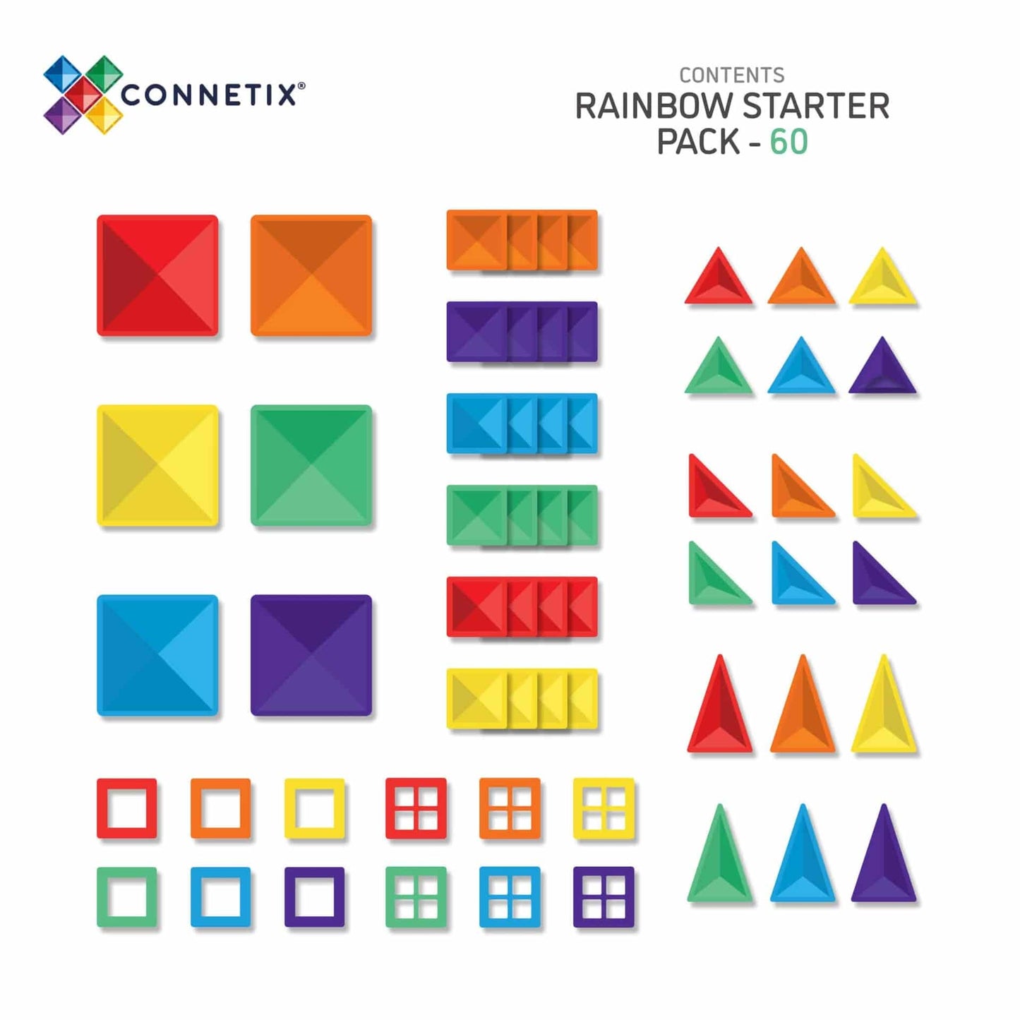 Magnētiskie klucīši, flīzītes, konstruktors - Rainbow Starter Pack flīzes, 60 gab, Connetix, CT-R-00060-ST