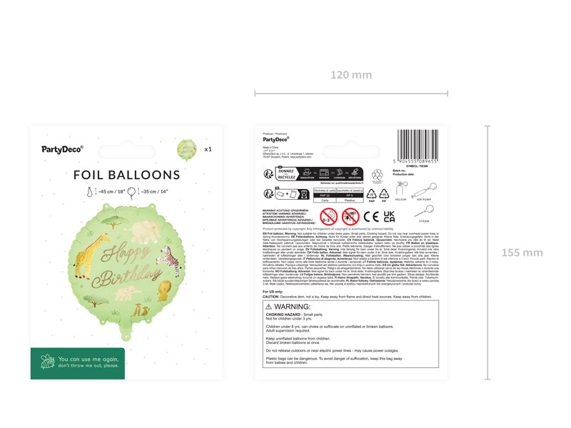 Round foil balloon Safari Jungle, Happy Birthday - fillable with air or helium, 35cm