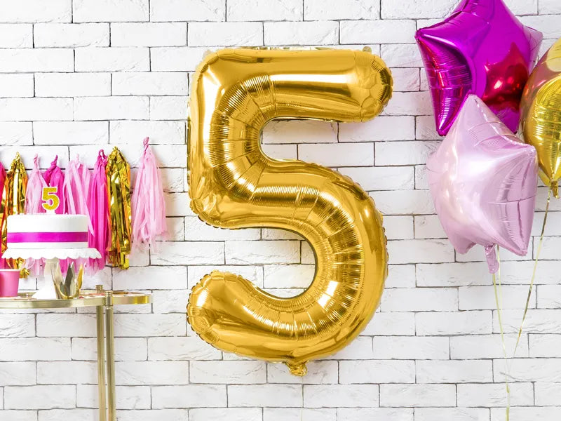 Liels balons cipars 5, zelta, pildāms ar hēliju vai gaisu, 86cm