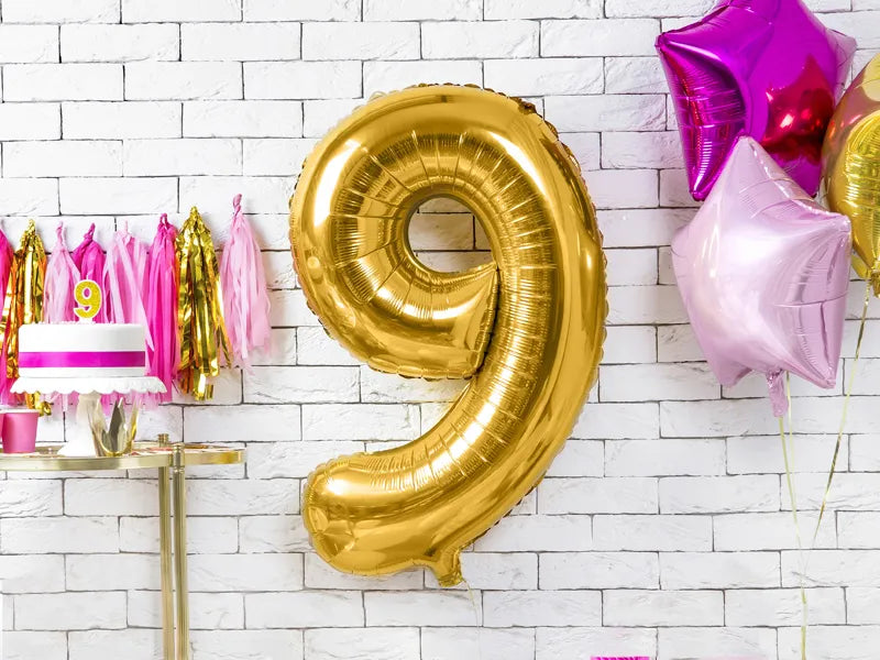 Liels balons cipars 9, zelta, pildāms ar hēliju vai gaisu, 86cm