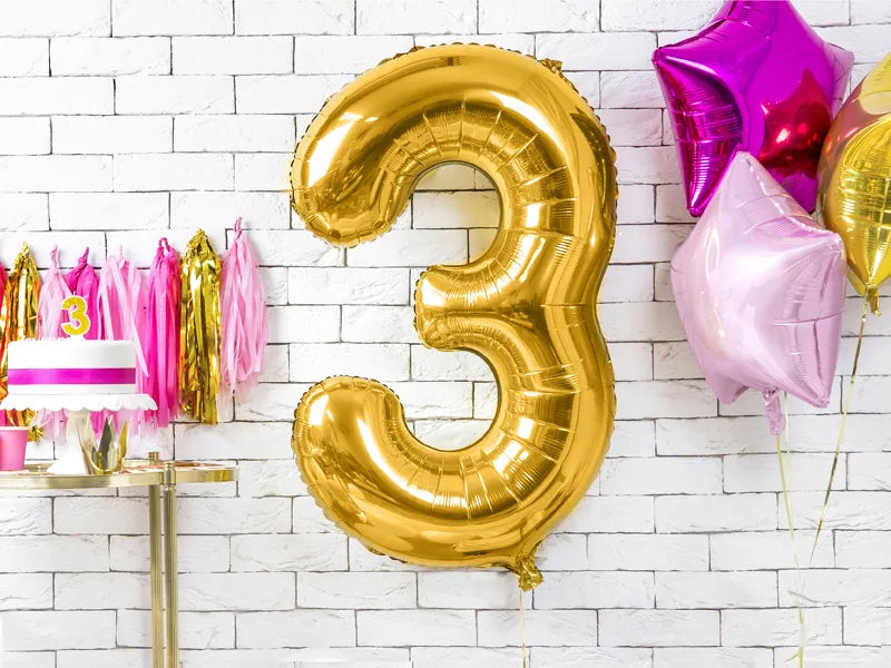 Liels balons cipars 3, zelta, pildāms ar hēliju vai gaisu, 86cm