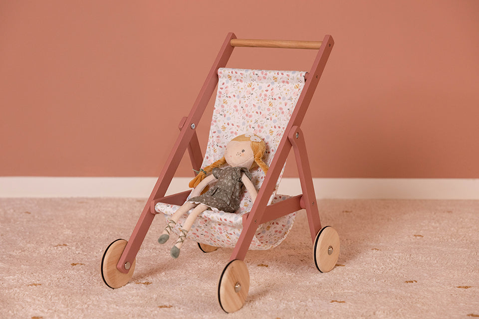 Rotaļu leļļu rati, koka, Little Dutch Flowers and Butterflies doll stroller, Pink, rozā, LD7064