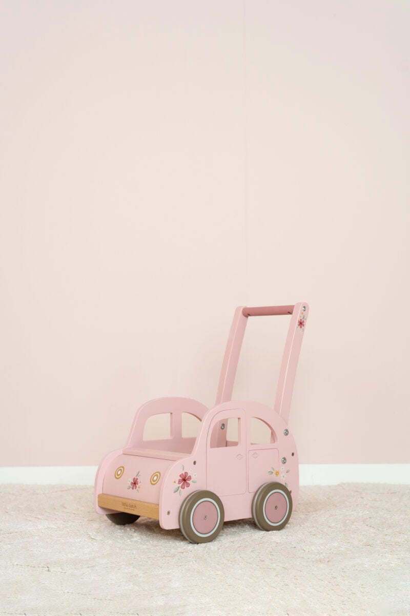 Koka staigulis / rozā auto rotaļlietu kaste, Baby Walker Pink Car, Little Dutch, LD7128