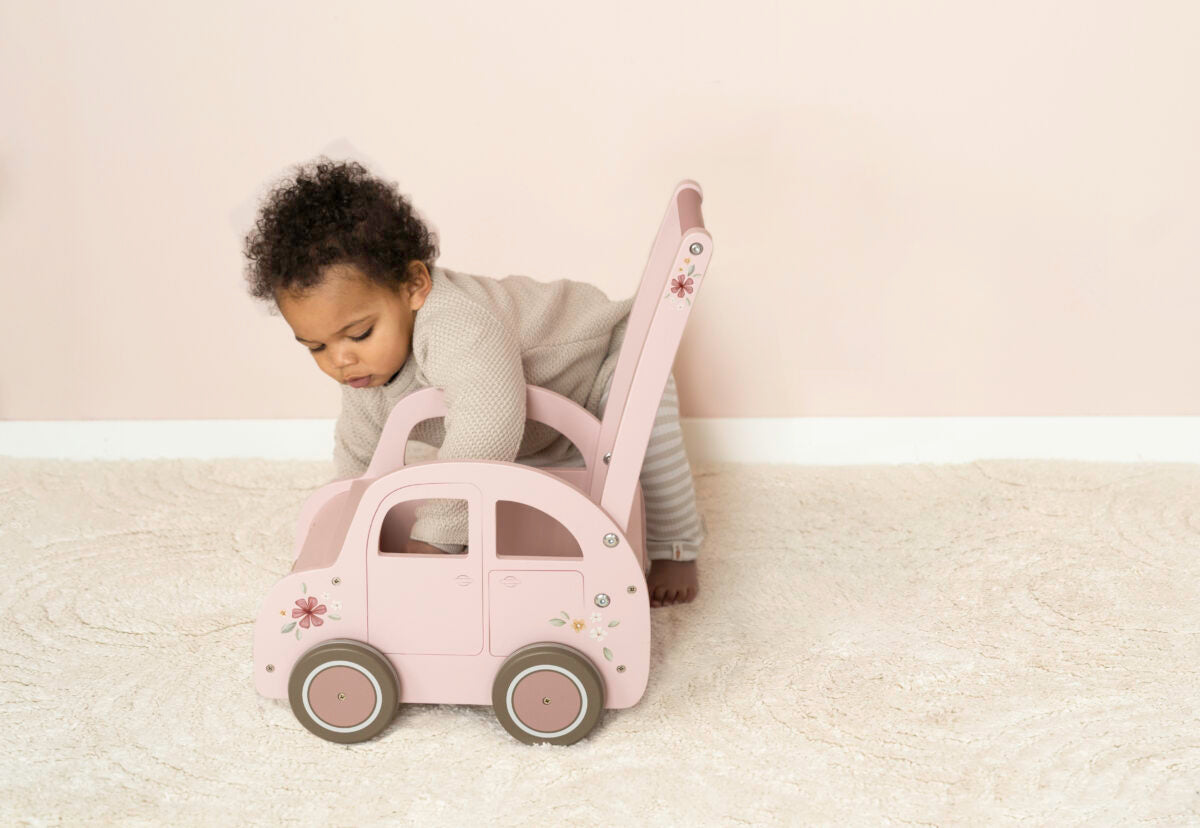 Koka staigulis / rozā auto rotaļlietu kaste, Baby Walker Pink Car, Little Dutch, LD7128