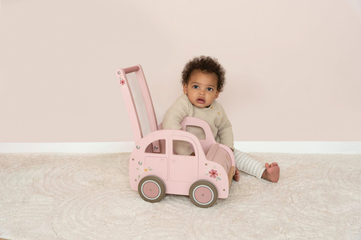 Koka staigulis / rozā auto rotaļlietu kaste, Baby Walker Pink Car, Little Dutch, LD7128