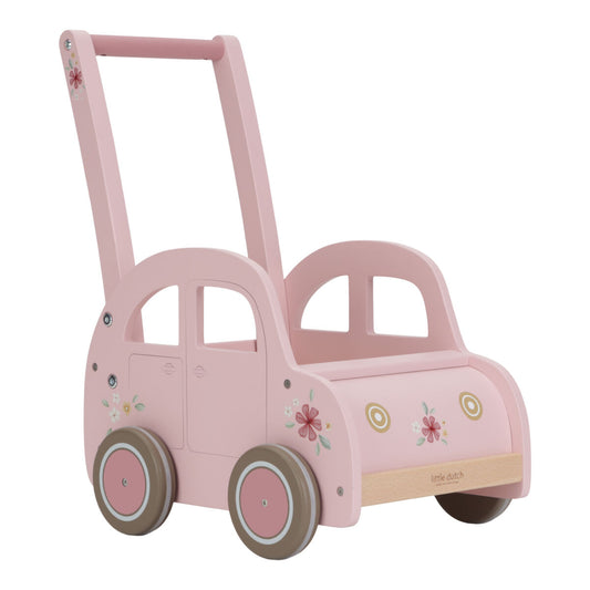 Koka staigulis / rozā auto rotaļlietu kaste, Baby Walker Pink Car, Little Dutch, LD7128