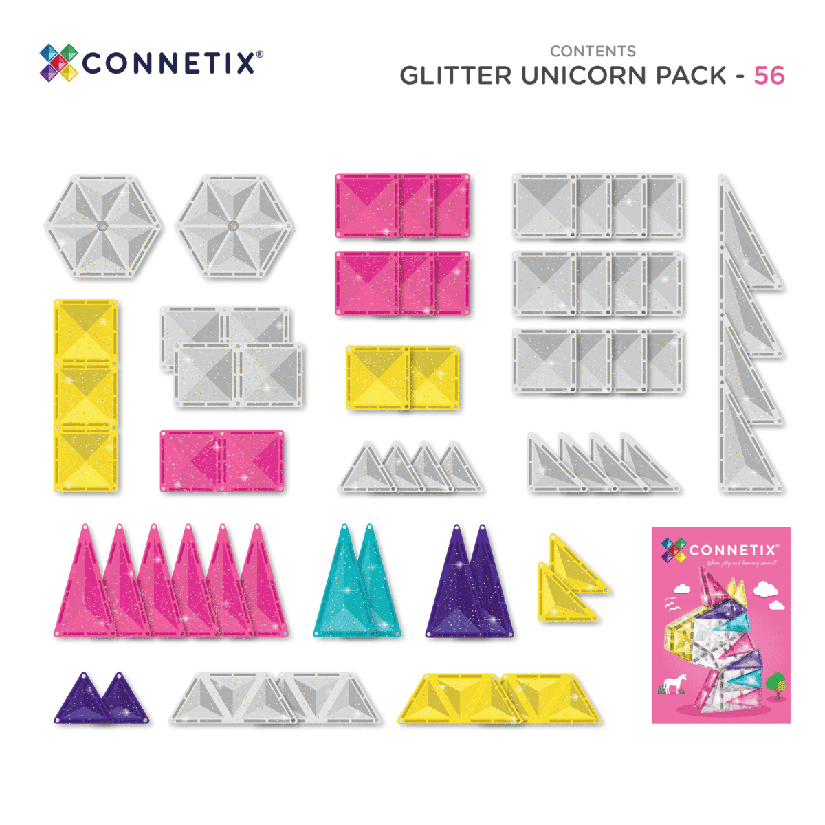 Magnētiskais konstruktors ar spīdumiem - Glitter Unicorn Pack, 56 gab., Connetix, CT-G-00056-GU