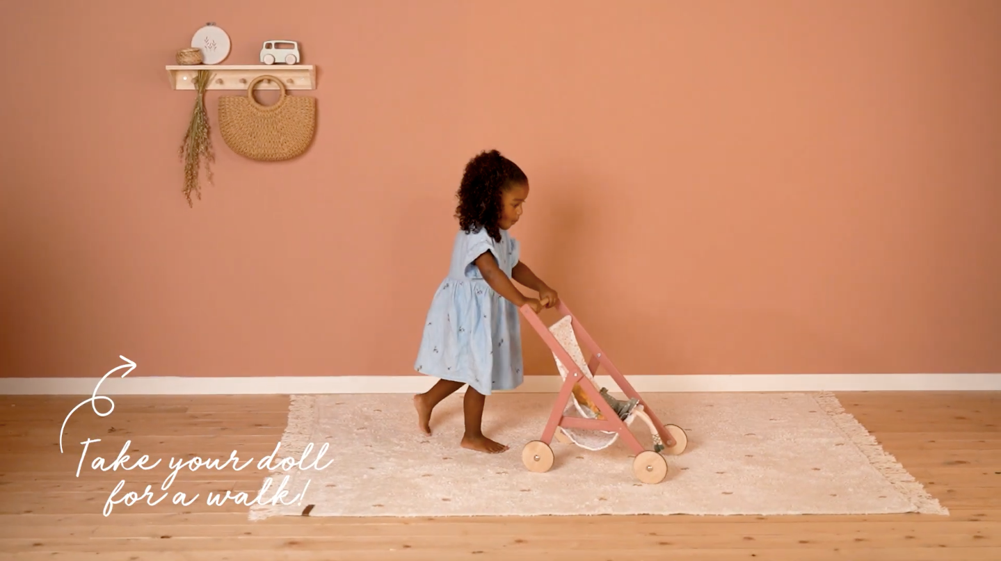 Video - Rotaļu leļļu rati, koka, Little Dutch Flowers and Butterflies doll stroller, Pink, rozā, LD7064