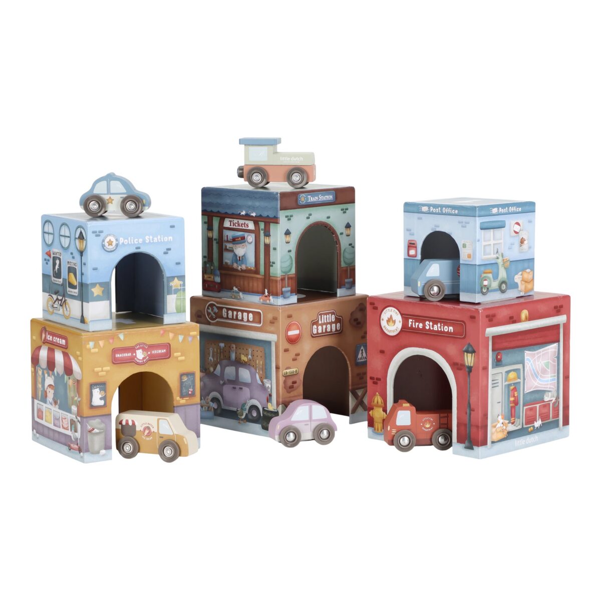 Kartona kluči ar mašīnām, Stacking Blocks with Cars, Little Dutch