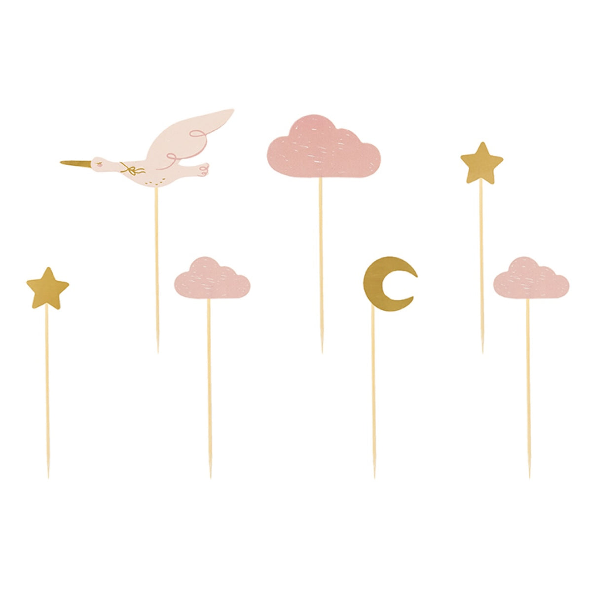 Kūkas un kēksiņu dekors Stārķis - ar mākonīšiem un zvaigznītēm, Cupcake Toppers Stork