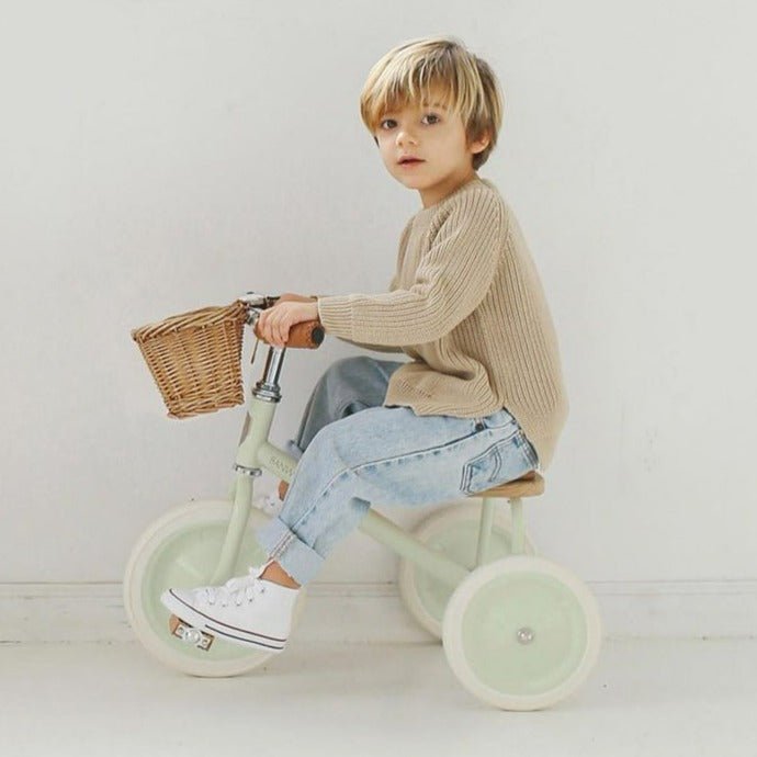 Zēns un trīsritenis ar pītu grozu, Pale Mint, Banwood, Trike