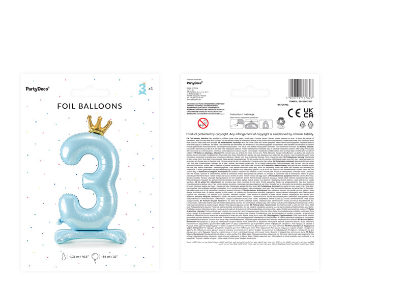 Liels balons cipars 3, zils, brīvi stāvošs - nav nepieciešams hēlijs