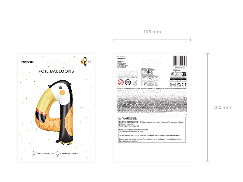 Liels balons cipars 4, dzīvnieks - tukāns, pildāms ar hēliju