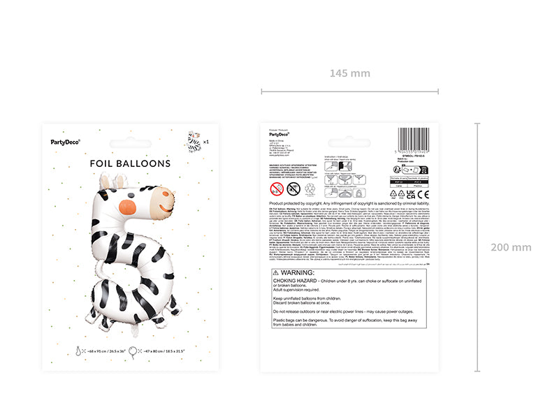 Liels balons cipars 5, dzīvnieks - zebra, pildāms ar hēliju