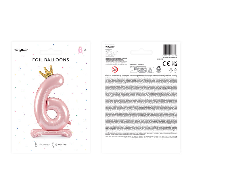 Liels balons cipars 6, rozā, brīvi stāvošs - nav nepieciešams hēlijs
