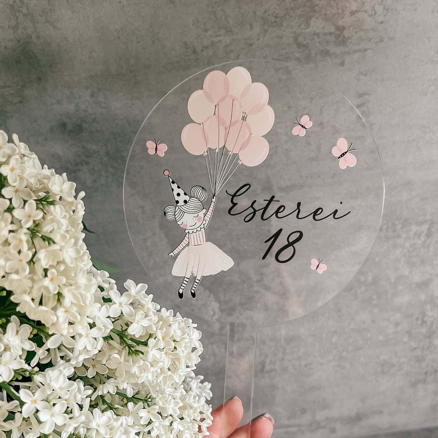Princese un baloni - Personalizēts bērna dzimšanas dienas kūkas dekors - toperis