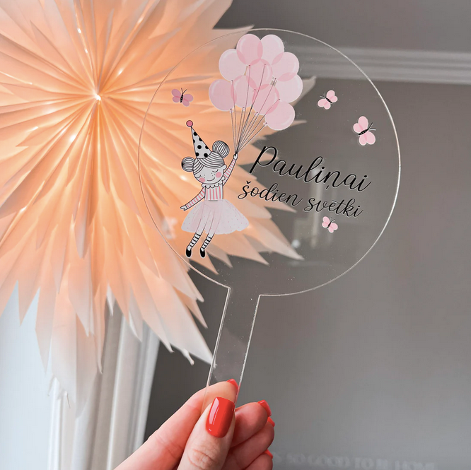 Princese un baloni - Personalizēts bērna dzimšanas dienas kūkas dekors - toperis
