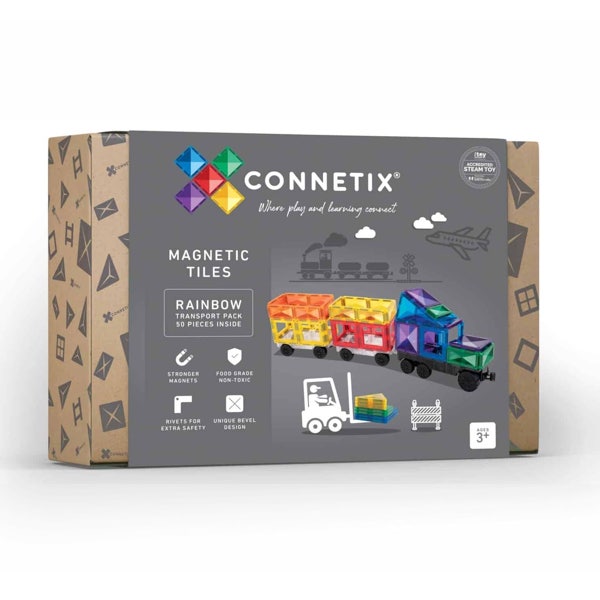 Magnētiskie klucīši, konstruktors - Rainbow Transport Pack, 50 gab, Connetix Magnetic Tiles