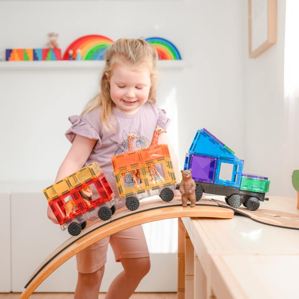 Magnētiskie klucīši flīzes, konstruktors - Rainbow Transport Pack, 50 gab, Connetix Magnetic Tiles