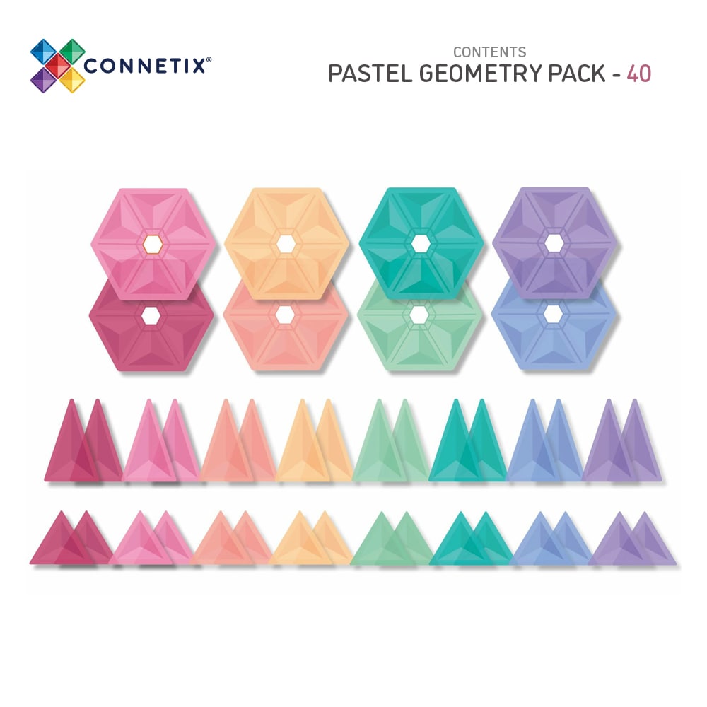 Magnētiskie klucīši, flīzes, konstruktors - Pastel Geometry Pack, 40 gab, Connetix, CT-P-00040-GE