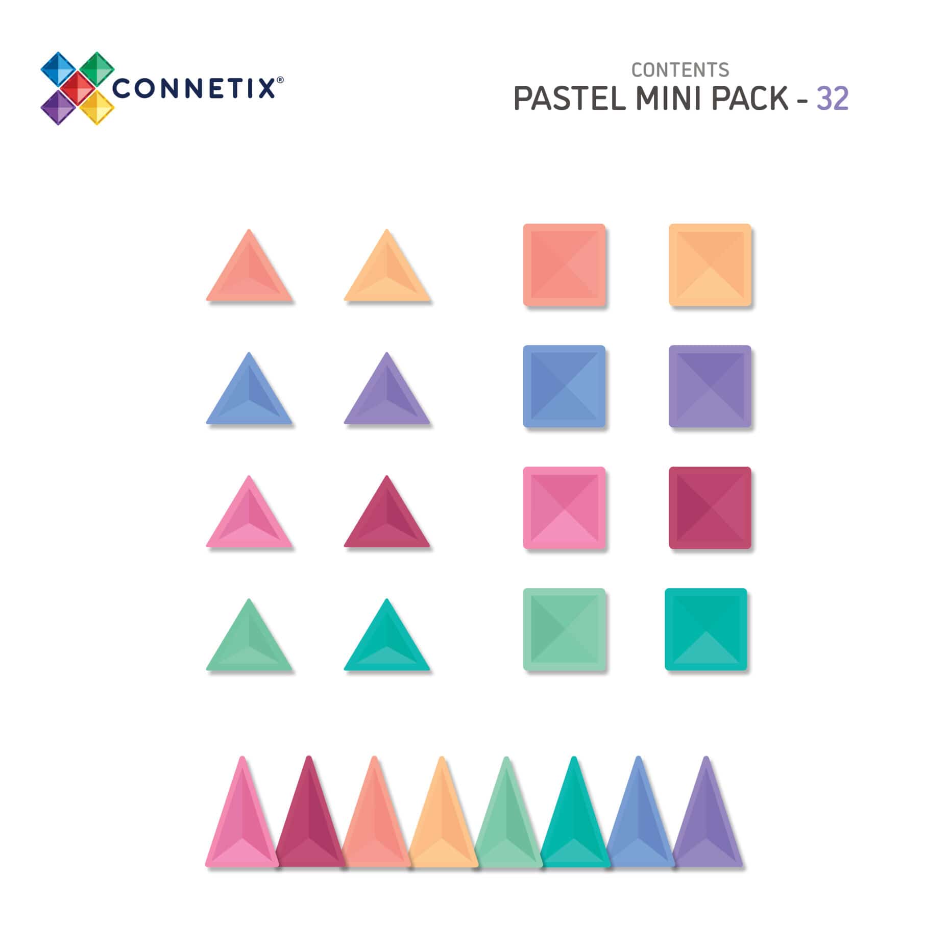 Magnētiskie klucīši, konstruktors - Mini Pack Pastel, 32 gab, Connetix Magnetic Tiles
