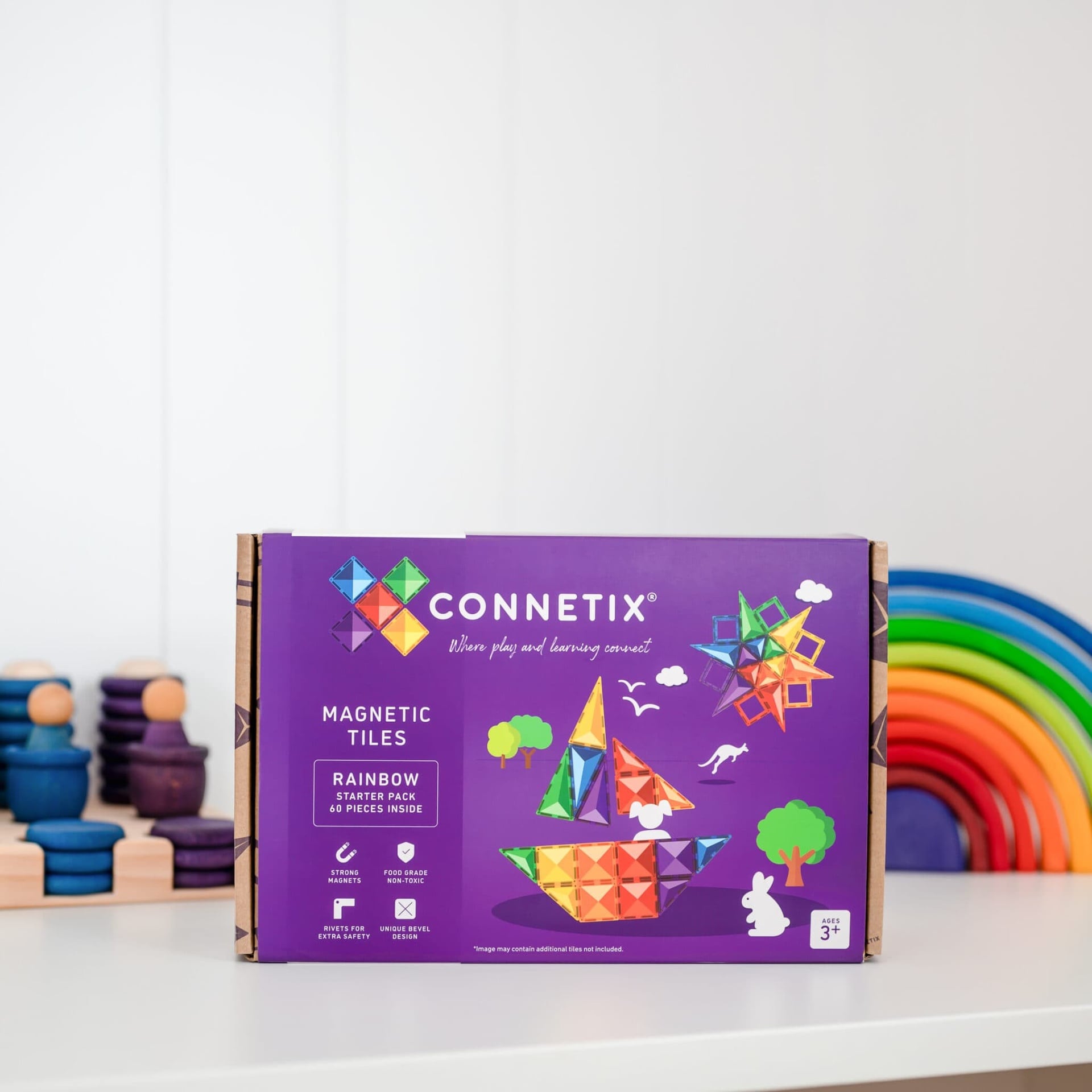 Magnētiskie klucīši, flīzītes, konstruktors - Rainbow Starter Pack flīzes, 60 gab, Connetix, CT-R-00060-ST
