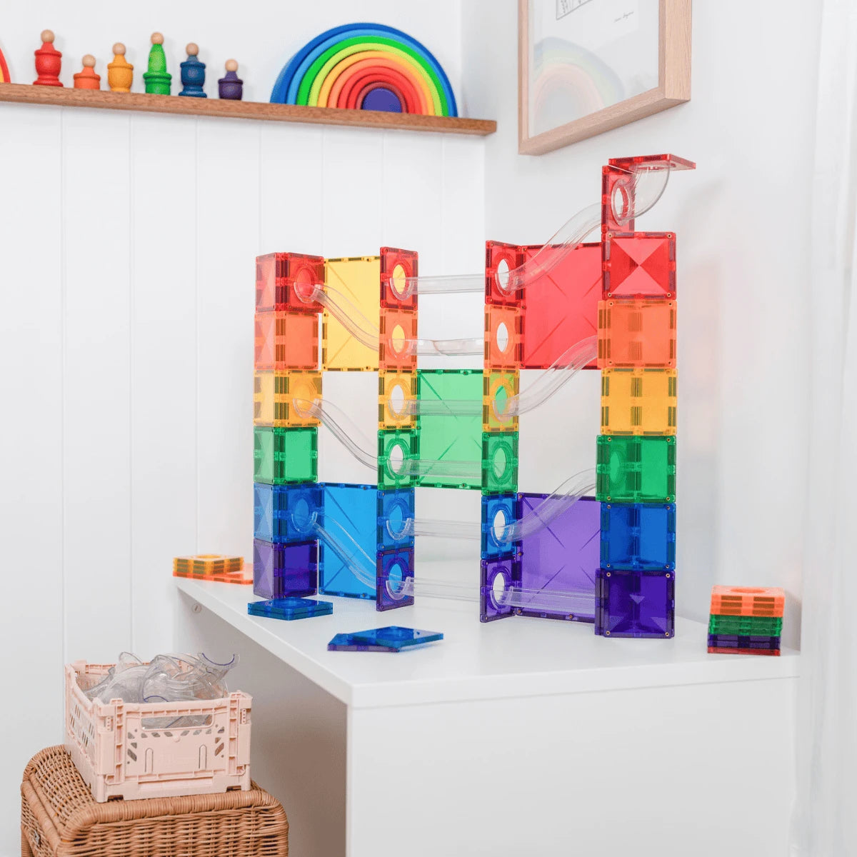 Magnētiskais konstruktors - bumbu trase, Super Ball Run Rainbow Expansion Set, 134 gab, Connetix, CT-R-00134-BR