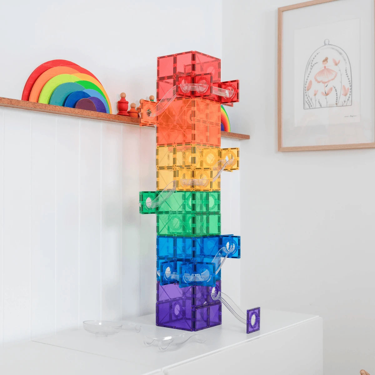 Magnētiskais konstruktors - bumbu trase, Super Ball Run Rainbow Expansion Set, 134 gab, Connetix, CT-R-00134-BR