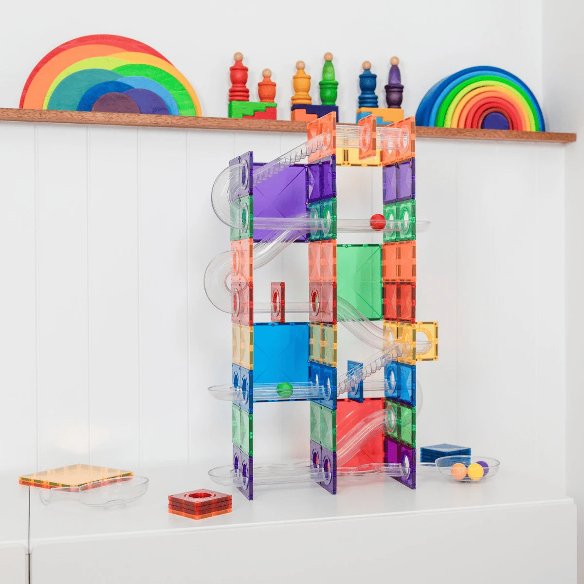Magnētiskais konstruktors - bumbu trase, Super Ball Run Rainbow Expansion Set, 134 gab, Connetix, CT-R-00134-BR