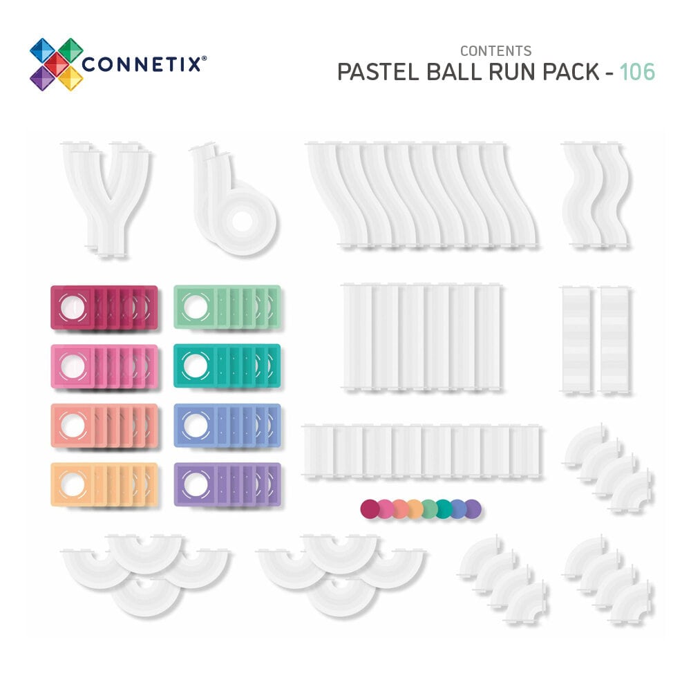 Magnetinis konstruktorius – kamuoliukų bėgimo trasa, „Ball Run Pastel“ išplėtimo rinkinys, 106 dalys, „Connetix“