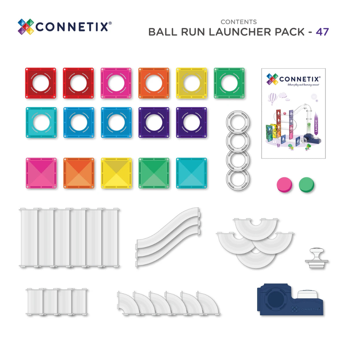 Magnētiskais konstruktors - bumbu trase ar palaidēju, Ball Run Launcher Set, 47 gab, Connetix, CT-BA-00047-LA