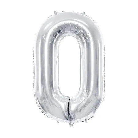 Liels balons cipars 0, sudraba, pildāms ar hēliju vai gaisu, 86cm