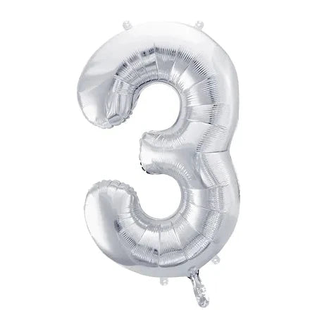 Liels balons cipars 3, sudraba, pildāms ar hēliju vai gaisu, 86cm