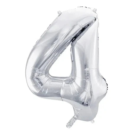 Liels balons cipars 4, sudraba, pildāms ar hēliju vai gaisu, 86cm