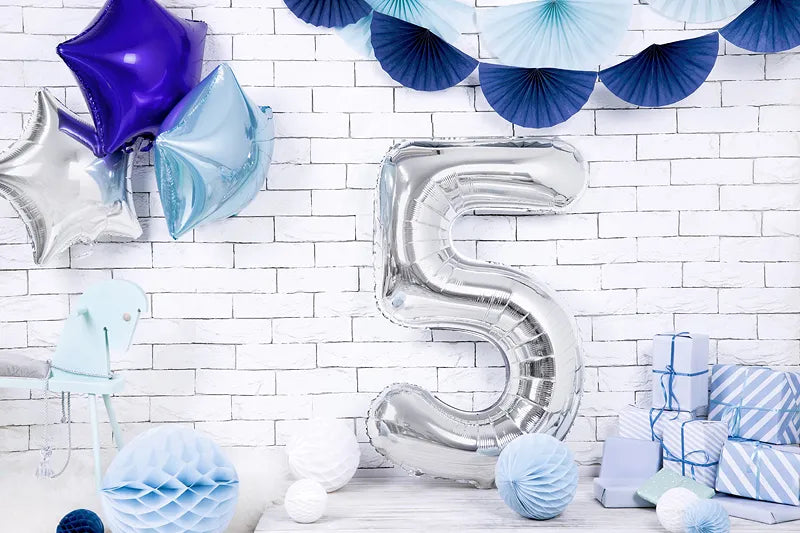 Liels balons cipars 5, sudraba, pildāms ar hēliju vai gaisu, 86cm