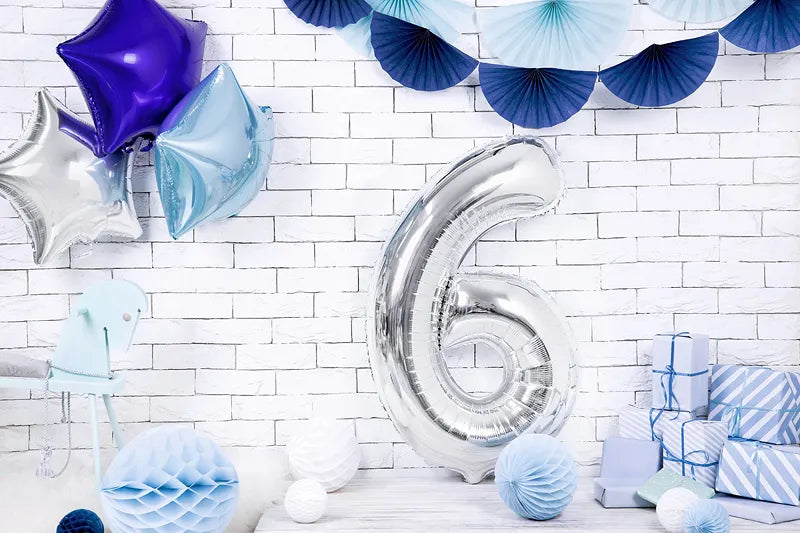 Liels balons cipars 6, sudraba, pildāms ar hēliju vai gaisu, 86cm