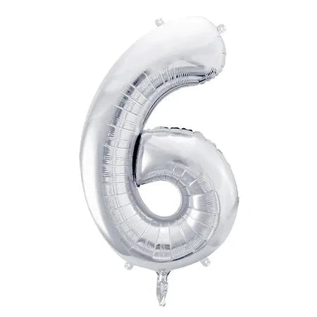 Liels balons cipars 6, sudraba, pildāms ar hēliju vai gaisu, 86cm