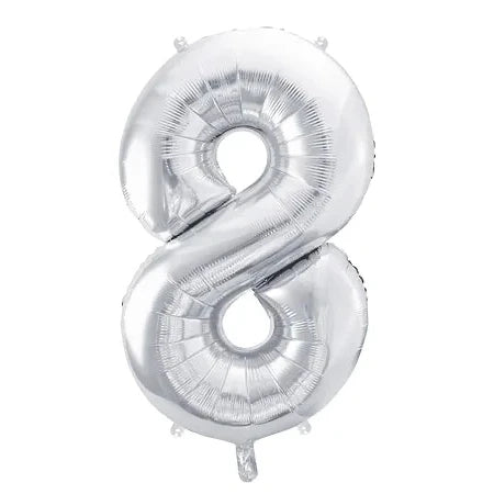 Liels balons cipars 8, sudraba, pildāms ar hēliju vai gaisu, 86cm