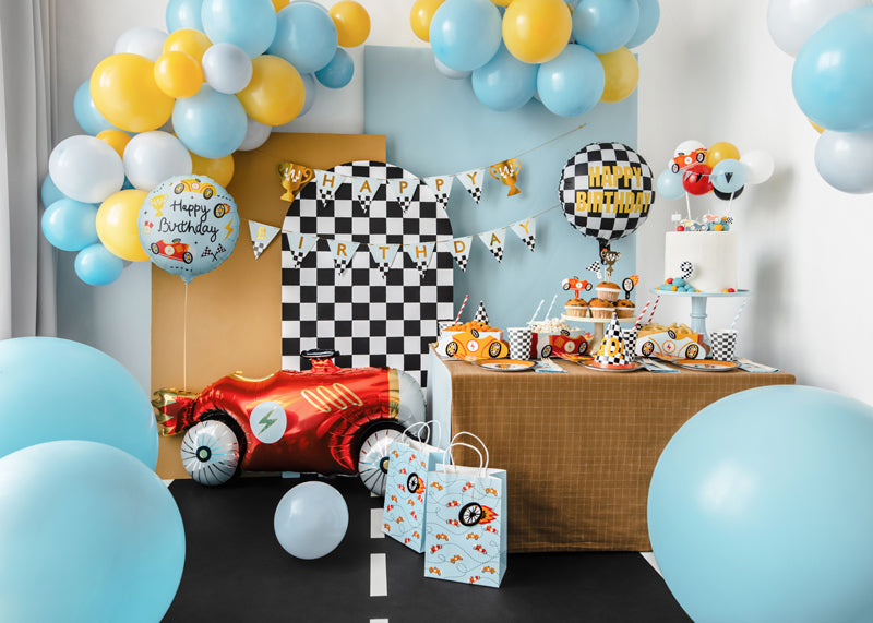 Apaļš folija balons ar sacīkšu auto Happy Birthday - pildāms ar gaisu vai hēliju, 35cm, FB342