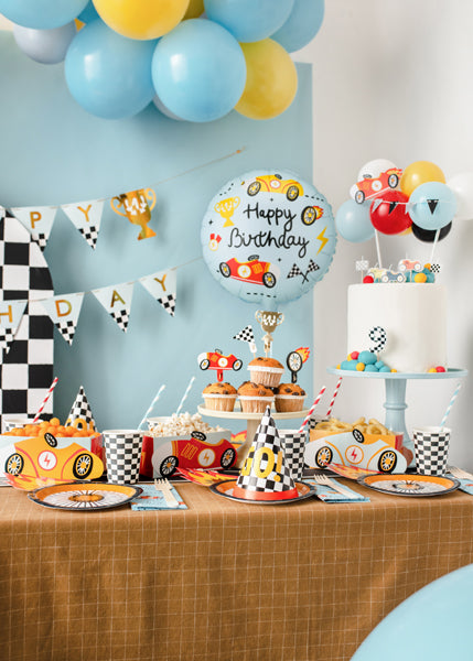 Apaļš folija balons ar sacīkšu auto Happy Birthday - pildāms ar gaisu vai hēliju, 35cm, FB342