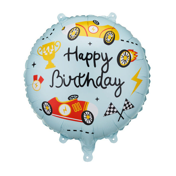 Apaļš folija balons ar sacīkšu auto Happy Birthday - pildāms ar gaisu vai hēliju, 35cm, FB342