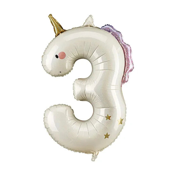 Liels balons cipars 3 Vienradzis, pildāms ar hēliju vai gaisu, Foil balloon Unicorn, 93cm