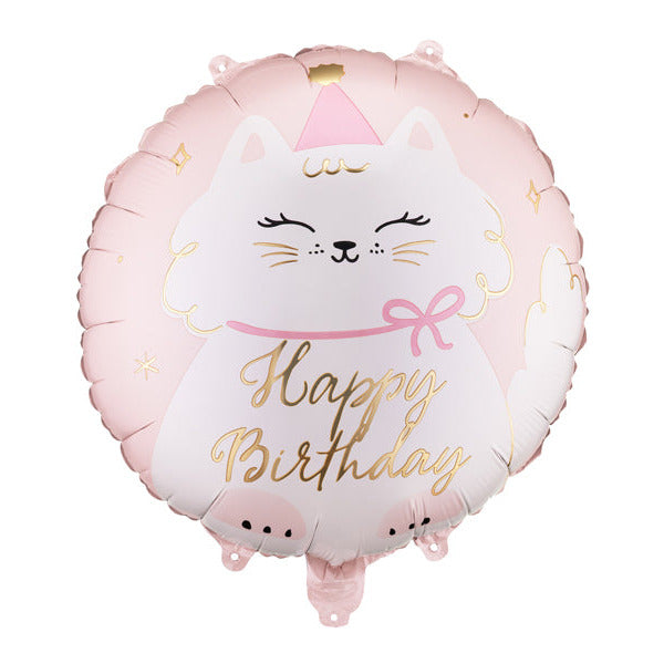 Apaļš folija balons Kaķis, Happy Birthday - pildīts ar hēliju, 35cm, FB361